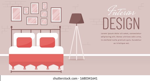 Bedroom interior. Vector web banner with place for text. Modern room design with double bed, lamp, and decor accessories. Home furnishings. Monochrome flat background with copy space.