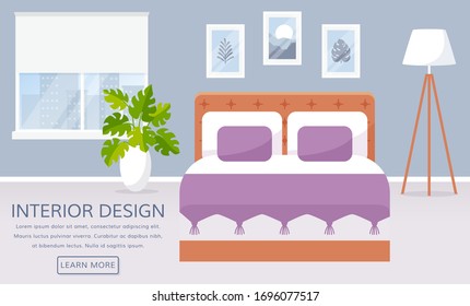 Bedroom interior. Vector web banner with place for text. Cozy room design with window, double bed, floor lamp, and decor accessories. Home furnishings. Flat background with copy space.