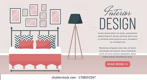 Bedroom interior. Vector web banner with place for text. Modern room design with double bed, lamp, and decor accessories. Home furnishings. Flat illustration with copy space.
