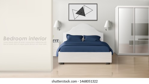 Bedroom interior in white blue colors, modern home or hotel empty apartment with double king size bed, wardrobe with mirror slide doors, TV, nightstands, lamps, clock. Realistic 3d vector illustration