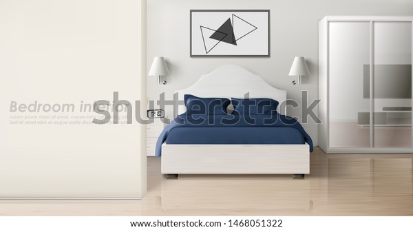 Bedroom Interior White Blue Colors Modern Stock Vector