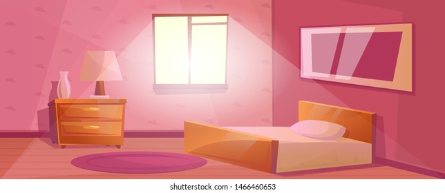 Bedroom interior with window and a large bed Nightstand with the lamp and vase. Purple carpet on the floor. Textured Wallpaper with pictures on the wall. Cartoon room in pink color