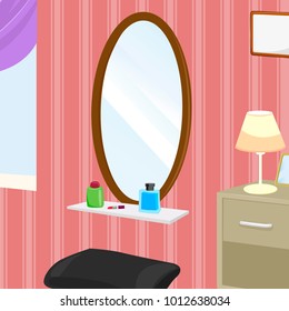 Bedroom interior with wooden makeup table, mirror and night stands with table lamp with shade