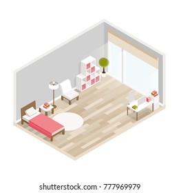 Bedroom isometric design with bed,workplace,bookcase,carpet.City hotel flat color illustration.Isometric living room.Isometric luxury interior for bedroom with bed bedside tables window and decoration