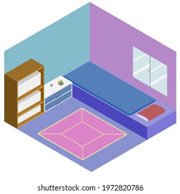 Bedroom with isometric flat design style in full color.