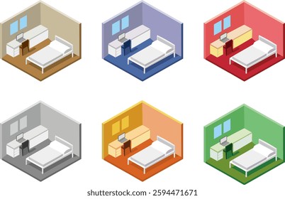 Bedroom isometric illustration set of 6 colors