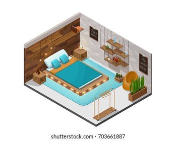 Bedroom isometric infographic 3d cozy interior with pallet diy wooden furniture, shelf, terrarium lamp, cactus, bed with lights, inside room view vector illustration