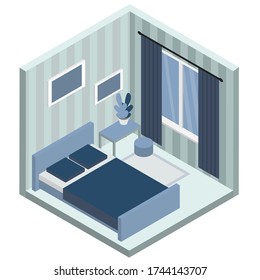 Bedroom isometric interior design composition with bulky objects bedroom furniture, window and bed vector illustration. Blue and gray colors.