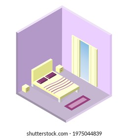 Bedroom isometric interior design composition with cumbersome objects and window for your web site design, app, UI. EPS10.