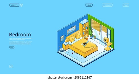 Bedroom isometric landing page, home interior with bed stand front of large windows, cat home and toys, shelves and robot vacuum cleaner. Modern apartment with furniture, 3d vector line art web banner