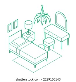 Bedroom isometric outline simple vector illustration. Single bed with side table, lamp, rug, plant and vanity. Minimalistic outline design with optional white fill. All objects are separate. Isolated.
