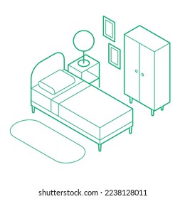 Bedroom isometric outline simple vector illustration. Single bed with side table, lamp, rug and wardrobe. Minimalistic outline design with optional white fill. All objects are separate. Isolated.