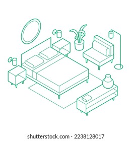 Bedroom isometric outline simple vector illustration. King size bed with chair, lamp and house plant. Minimalistic outline design with optional white fill. All objects are separate. Isolated.