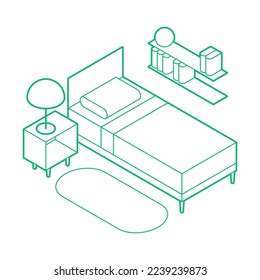 Esbozo isométrico de dormitorio simple ilustración vectorial. Una cama individual con mesita lateral, lámpara, alfombra y estanterías para libros. Diseño de contorno minimalista con relleno blanco opcional. Todos los objetos están separados. Aislado.