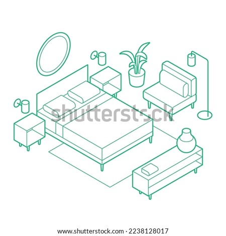 Bedroom isometric outline simple vector illustration. King size bed with chair, lamp and house plant. Minimalistic outline design with optional white fill. All objects are separate. Isolated.
