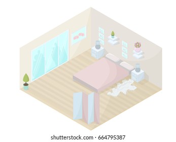 Bedroom isometric vector illustration. Interior design of bedroom.