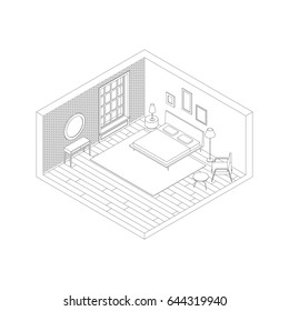 Bedroom in isometric view. Vector illustration of room with brick wall, bed, armchair and console with mirror.