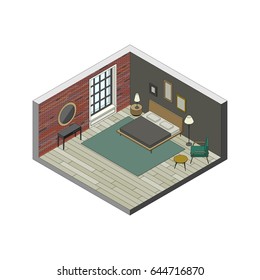 Bedroom in isometric view. Vector illustration of room with brick wall, bed, armchair and console with mirror.