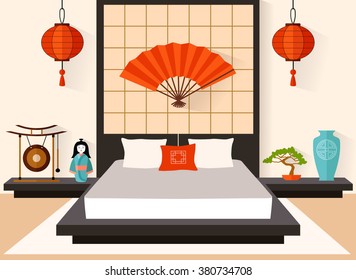 Bedroom in the Japanese style. The interior of the flat style. Vector illustration. Traditional Oriental Room
