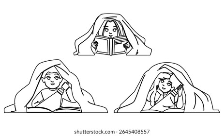 quarto criança vetor de livro de cobertor. noite de família, quarto criança, cama menina quarto criança cobertor personagem de livro. pessoas linha preta lápis desenho ilustração