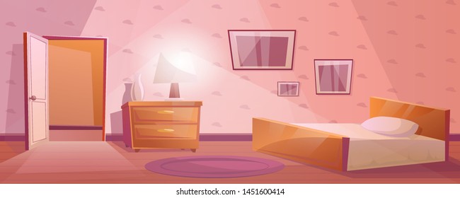 Bedroom with a large bed and an open door. Nightstand or bedside table with the lamp and vase. Purple carpet on the floor. Textured Wallpaper with pictures on the wall. Cartoon interior in pink color