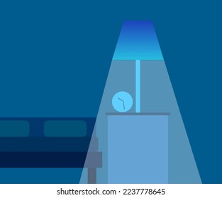 A bedroom with a light on and a clock. Bedtime or insomnia, feeling alone