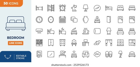 Bedroom line editable icon set. Bedroom icons Pixel perfect. bed, alarm clock, desk lamp, pillow, sleep, etc