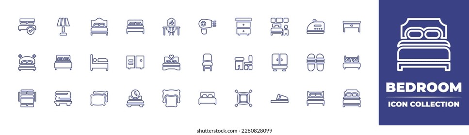 Colección de iconos de la línea del dormitorio. Trazo editable. Ilustración vectorial. Consta de reposo, lámpara, cama de matrimonio, tocador, secador de pelo, dormitorio, planchado, mesita lateral, silla, escritorio, armario, zapatillas.