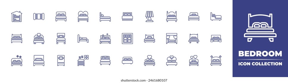 Bedroom line icon collection. Editable stroke. Vector illustration. Containing bed, bedding, double bed, bedroom, pillow, lamp, shelter, single bed, nightstand, sleep.