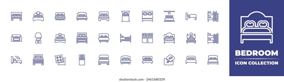 Bedroom line icon collection. Editable stroke. Vector illustration. Containing bed, bedroom, double bed, hotel, pillows, sofa, bunk, bunk, single, lamp, sleep.