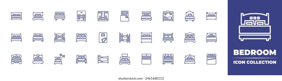 Bedroom line icon collection. Editable stroke. Vector illustration. Containing double, bed, bedroom, stage, queen, cover, single bed, bunk, clothes, couple.