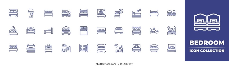 Bedroom line icon collection. Editable stroke. Vector illustration. Containing bed, single bed, bedroom lamp, bedroom, bedding, bed pillows, double bed, sex addict, sleeping, sleep, bunk, time.