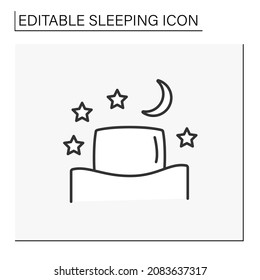 Bedroom line icon. Comfortable bed for sleep. Pillow and blanket. Night time. Sleeping concept. Isolated vector illustration. Editable stroke