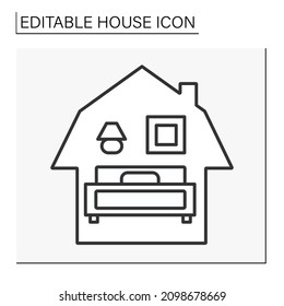  Bedroom line icon. Comfortable queen size bed, wall lamp and picture. Living room. House concept. Isolated vector illustration. Editable stroke.