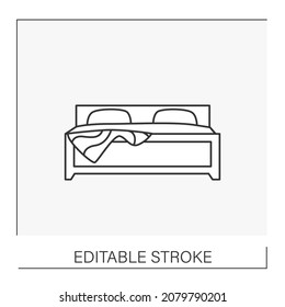  Symbol der Schlafzimmerlinie. Komfortables, stilvolles Doppelbett. Großes Bett und Dekoration. Gemütliches Zimmer.Möbelkonzept. Einzige Vektorgrafik. Bearbeitbarer Hub