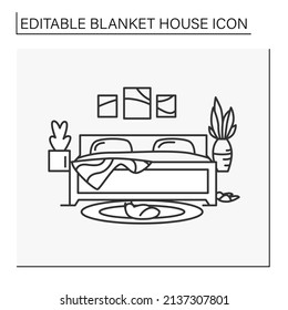 Bedroom line icon. Comfortable stylish bedroom. Big bed and decor elements. Houseplants. Cozy room.Blanket house concept. Isolated vector illustration.Editable stroke