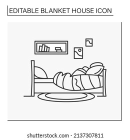 Icono de línea de dormitorio. Confortable y elegante habitación. Cama y decoración. Elementos decorativos. Acogedora habitación. El concepto de casa de campo. Ilustración vectorial aislada.Icono editable