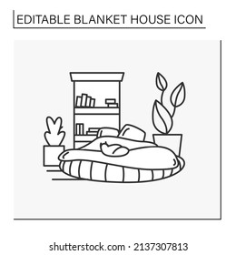 Bedroom line icon. Cozy bedroom with comfortable mattress and houselant, bookcase. Modern bedroom. Home interior and furniture. Blanket house concept. Isolated vector illustration.Editable stroke