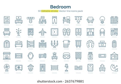 Bedroom line icon pack. Bedroom Stroke icon set. Editable Stroke icon