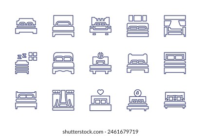 Conjunto de iconos de línea de dormitorio. Trazo editable. Ilustración vectorial. Con cama, dormitorio, escenario, sueño, hora de dormir.