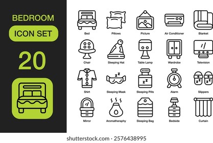 Bedroom Line Icon Set Pixel Perfect