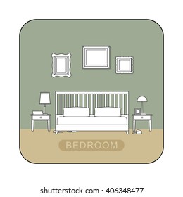 Bedroom line interior with furniture. Vector illustration of bedroom.