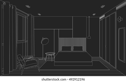 Bedroom line interior on black background. Perspective sketch view of room with bed.