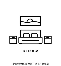 Bedroom line vector icon. Double bed with bedside tables and picture on the wall