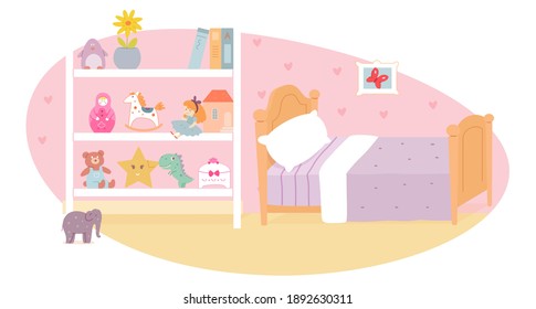 Bedroom of little girl interior design background. Room with bed with pillow and blanket, stand with shelves full of books and toys. Modern home of small child vector illustration.