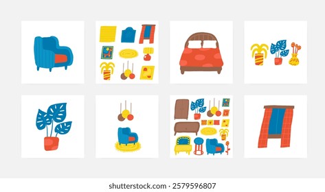 Bedroom, living room interior objects set. Cute hand drawn doodle house furniture, lamp, ceiling light, pillows, bar chair, carpet, armchair, wall picture, boudoir, dressing table, dressing table.
