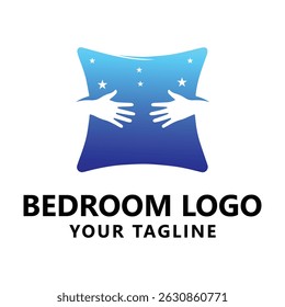 Logotipo para quartos com um travesseiro gradiente azul com duas mãos brancas estendendo-se e pequenas estrelas espalhadas ao redor, acompanhado pelo texto "LOGOTIPO DE QUARTO SEU SLOGAN" em negrito e preto.