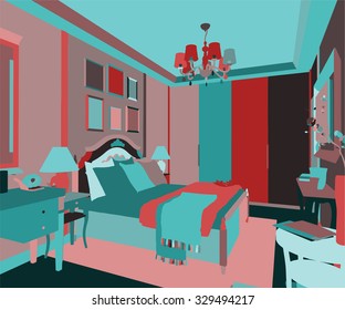 Bedroom in many colors. Huge bed with numerous pillows is dominates the room. The interior is decorated with classic furniture.