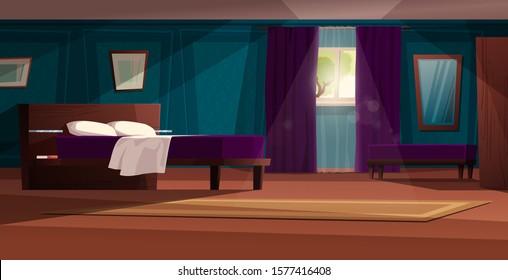 Bedroom modern interior with furniture vector cartoon illustration. Double bed with cupboards, window with curtain, dresser, carpet, mirror. Cute cozy background.