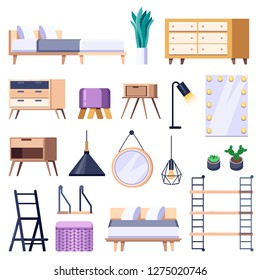 Bedroom modern interior isolated icons and design elements. Vector flat illustration. Cozy scandinavian loft apartment and home furniture.